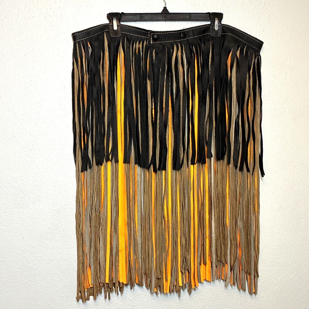 Leather Fringe Skirt 2XL Western Boho Biker Black Orange Brown Multicolor (ST)